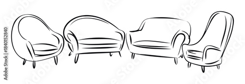 Four outline armchair styles conveying modern comfort and sophistication for interior spaces and graphic presentations