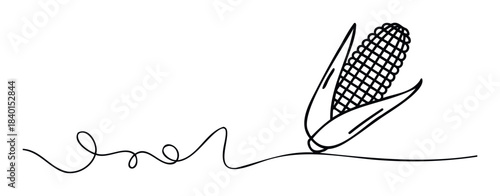 Minimalist line drawing of a single ear of corn with husks, perfect for food branding, agricultural themes, or healthy eating promotions, presented as a simple graphic.