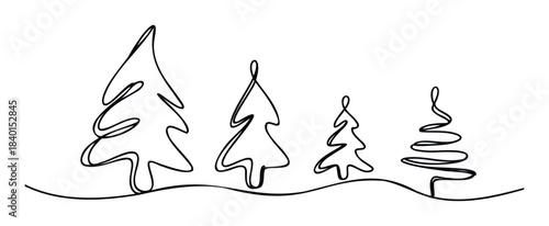 Minimalist continuous line drawing of four varied size evergreen trees standing in a row, perfect for winter holiday promotions and nature themes.