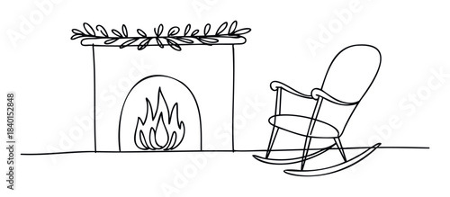 Cozy scene with a fireplace and rocking chair, perfect for winter holiday themes and creating a warm, inviting atmosphere in your projects.