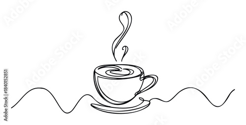Minimalist one line drawing of a steaming coffee cup on a saucer with wavy lines suggesting sound or aroma, perfect for cafe branding and beverage themes.