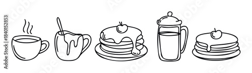 Collection of hand drawn breakfast items including steaming coffee cup, pancakes with syrup and cherry, and a glass of milk for morning meal refreshment and cafe promotion.