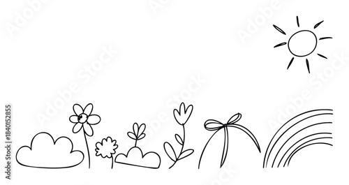 Simple black line drawings of a sun, clouds, flowers, a bow, and a rainbow create a cheerful and natural scene perfect for childhood themes and outdoor enjoyment.