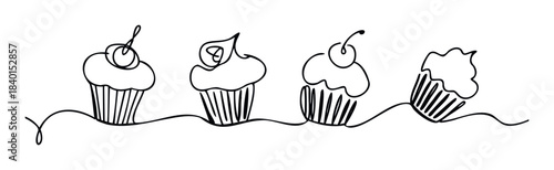 Continuous line drawing of four delightful cupcakes with cherries and frosting, perfect for bakery promotions, sweet treat designs, or food service menus.