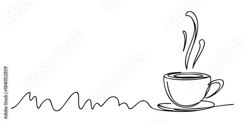 Simple line drawing of a steaming coffee cup on a saucer, with a wavy line flowing across the bottom, ideal for cafe menus or morning beverage promotions.