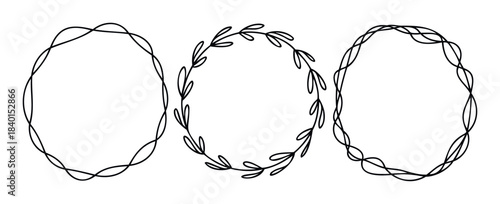 Set of three handdrawn circular frames with delicate floral and abstract swirling line embellishments for organic and natureinspired graphic compositions