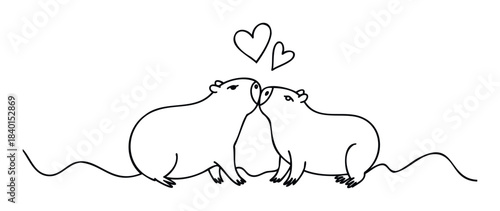 Two capybaras showing affection with hearts above them in a simple line drawing style, perfect for Valentines Day or lovethemed projects.