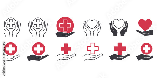 Medical and Care Icons Featuring Hands Holding Hearts and Red Cross Symbols health