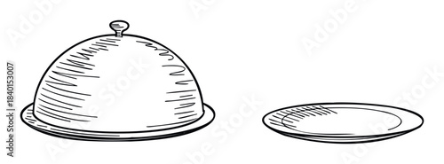 Sketch of a covered serving dish with a plate nearby, suitable for culinary presentations and food service graphics.