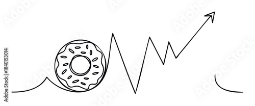 Donut graph line rising upward with irregular peaks and valleys suggesting growth and challenges for use in business finance or food industry concepts