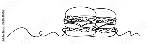 Simple single line drawing of two stacked burgers with wavy lines suggesting a table for fast food cafes and restaurants menu promotion