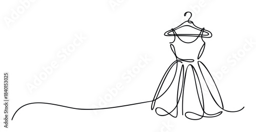Elegant single line drawing of a flowing dress on a hanger, perfect for fashion editorial, boutique branding, or style inspiration visuals.