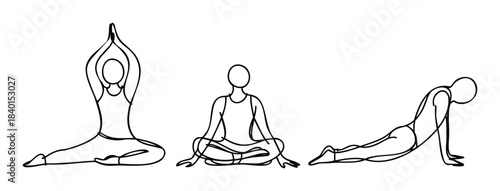 Black line drawings of people practicing yoga poses, including seated meditation, upwardfacing dog, and a prayer pose for health and wellness concepts.