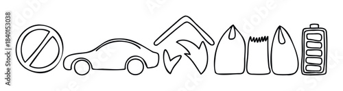 Set of icons representing a ban, electric car, renewable energy, shopping bags, and battery charge for sustainability and eco friendly concepts.