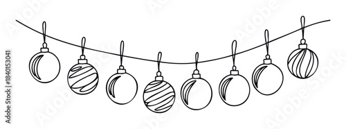 Festive row of hanging Christmas ornaments with decorative stripes and swirls, perfect for holiday season greetings and seasonal celebrations.