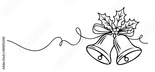 Christmas bells tied with holly and ribbon with a flowing vine, perfect for holiday greetings, festive invitations, and winter celebrations.