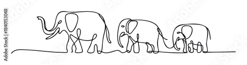 Minimalist continuous line drawing of a family of elephants walking together, perfect for childrens books, animal themes, or natureinspired branding.