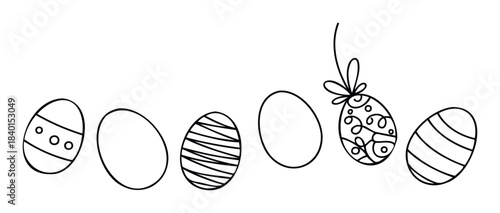 Whimsical hand drawn easter eggs with varied line decorations and one egg hanging by a string, perfect for spring holiday celebrations and craft projects.