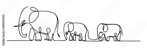 Minimalist continuous line drawing of a family of elephants walking together, symbolizing unity and protection, perfect for themes of nature and family life.