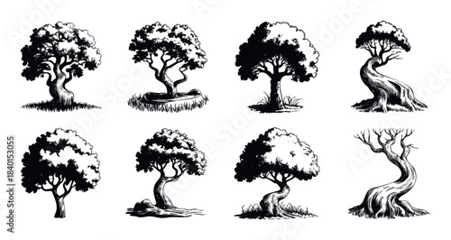 Collection of unique stylized trees, showcasing diverse shapes and textures, perfect for graphic design and environmental themes.