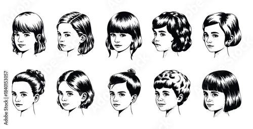 Collection of ten diverse young girl portraits with various hairstyles, perfect for themes of childhood, youth, and personal style.