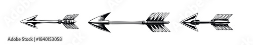Three distinct arrow designs rendered in a classic black and white graphic style, perfect for signifying direction, progress, or targets in diverse visual projects and promotional materials.