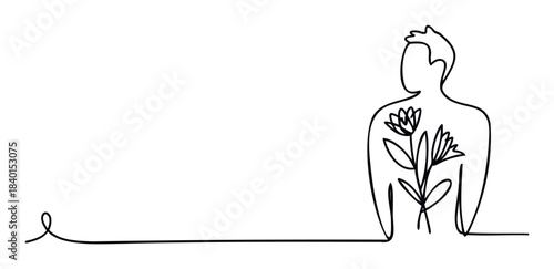 Abstract single line drawing of a persons back with blooming flowers emerging symbolizing growth and vitality, perfect for wellness and organic themes.