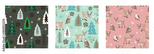 Winter woodland wildlife seamless vector pattern set collection
