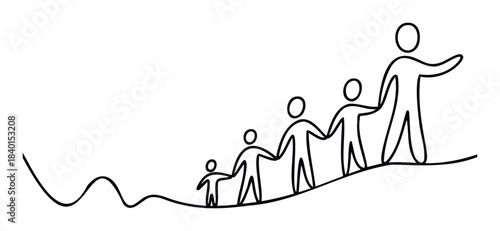 Abstract line drawing of five stylized people of increasing size holding hands and walking up a wavy hill representing growth and unity, perfect for presentations on teamwork and progress.