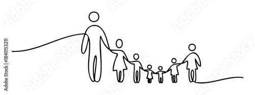 Simplified line drawing of a connected family holding hands, representing unity and support, perfect for concepts of togetherness, lineage, and love.