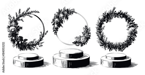 Holiday botanical wreaths and circular frames adorned with berries and fruit, perfect for festive invitations, greeting cards, and seasonal decorations.