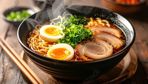 Delicious hot ramen bowl with soft boiled eggs, pork slices and green onions
