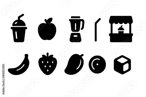 Fruit and juice solid icon set. Smoothie, fresh produce, and beverage solid icons