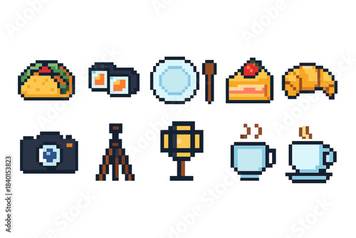 Food and photography pixel icon set. Tacos, sushi, desserts, camera pixelated collection
