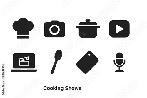 Cooking shows solid icon set. Chef hat, mic, camera icons solid collection