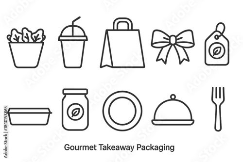 Gourmet takeaway packaging icon set. Food, eco, line icons for sustainable packaging