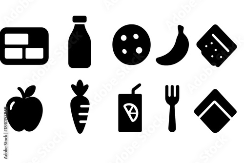 Food and drink solid icon set. Fruits, vegetables, beverages, snacks collection