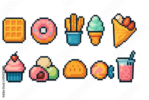 Pixel food icon set in flat style. Fast food, sweet treats, and snacks collection