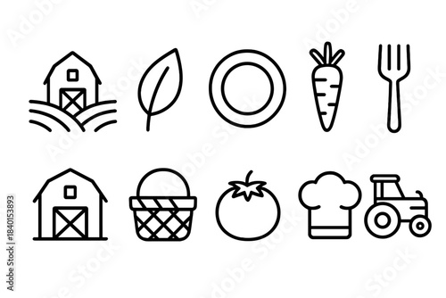 Farm and food outline icon set. Agriculture, organic produce linear icons collection.