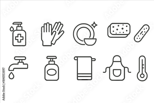 Hygiene and cleaning line icon set. Sanitation, safety, and cleanliness symbols.