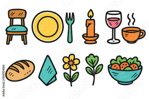 Dining and kitchen flat icon set. Food, drink, and tableware flat collection