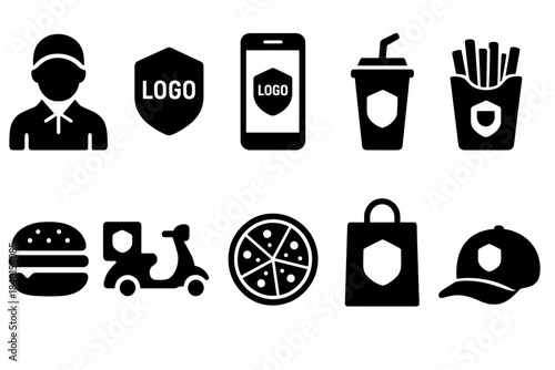 Fast food delivery silhouette icon set. Restaurant, takeout, courier icons collection