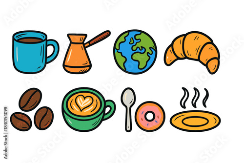 Coffee and breakfast doodle icon set. Cute outline style for cafes and foodies