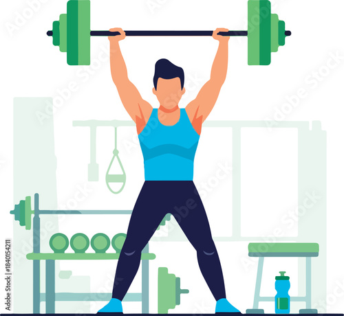 Weightlifter Doing Overhead Barbell Press in Gym