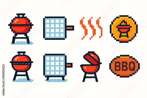 Bbq icon set. Grilling, cooking, and food icons in pixel art style