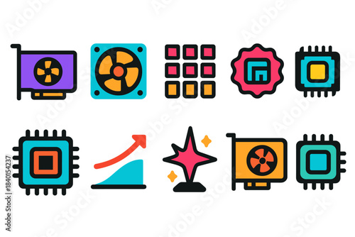 Technology, computing filled icon set. Circuit, chip, graphics card icons filled collection