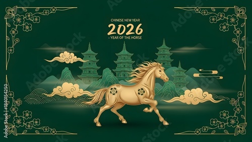 Chinese new year 2026 year of the horse golden horse with pagodas and clouds on green background
