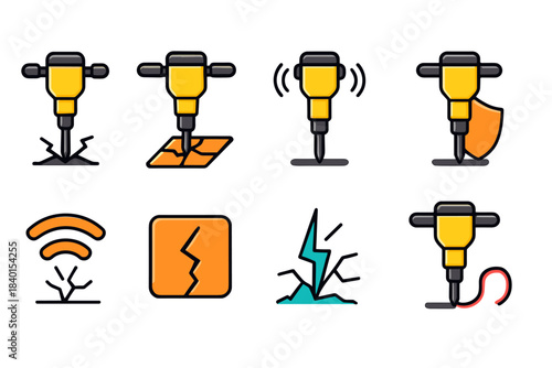 Construction equipment flat icon set. Tools and machinery outline vector icons.