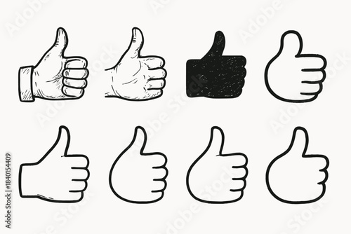 Thumbs up icon set. Approval, like gesture icons in various styles and outline