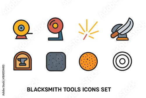 Blacksmith tools flat icon set. Forge, smithing, metalwork icons flat collection.